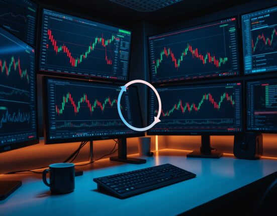 A trading desk with monitors showing financial charts and a visual representation of a reflexive feedback loop, illustrating AI market risk.