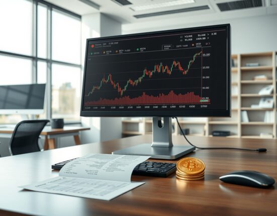 Goldman Sachs Bitcoin ETF strategy using options and derivatives for income generation on a financial trading desk.