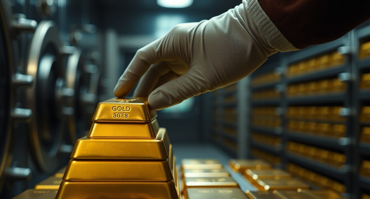 Gold bar being placed onto a stack in a secure vault, representing China's growing gold reserves.