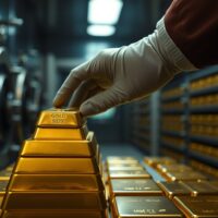 Gold bar being placed onto a stack in a secure vault, representing China's growing gold reserves.