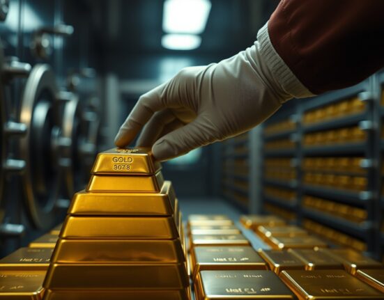 Gold bar being placed onto a stack in a secure vault, representing China's growing gold reserves.