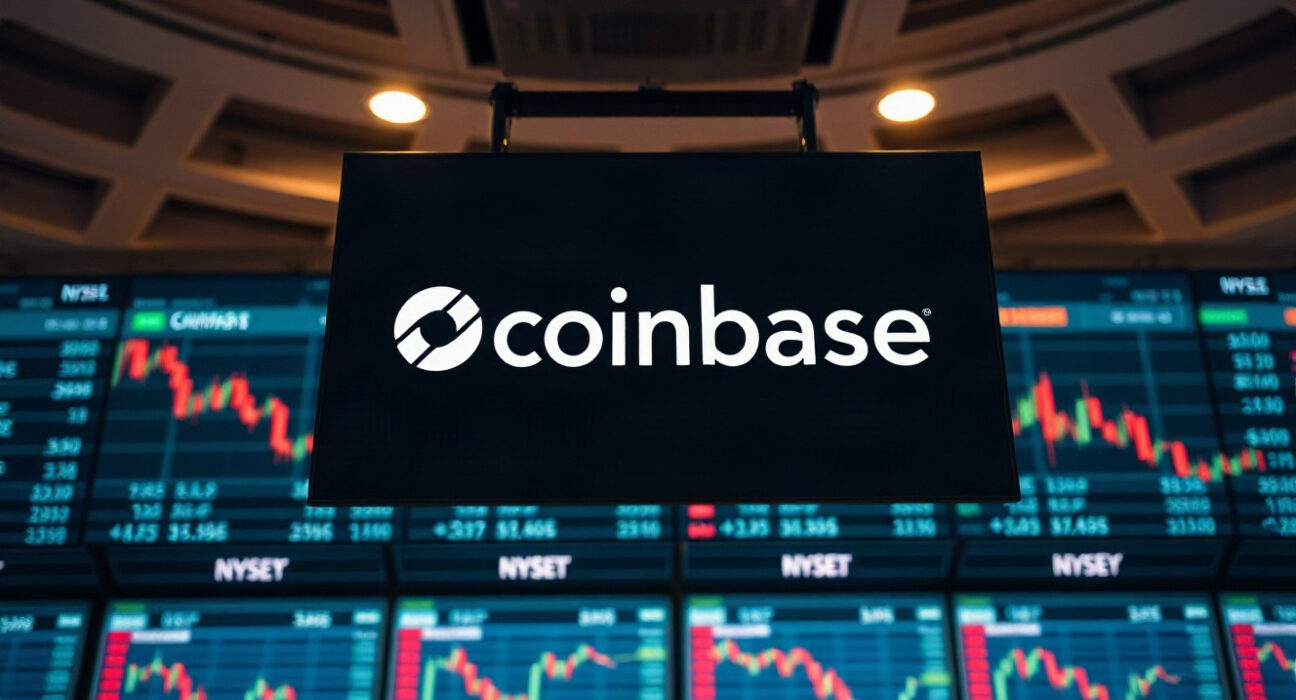 Coinbase logo displayed on a screen at a stock exchange trading floor