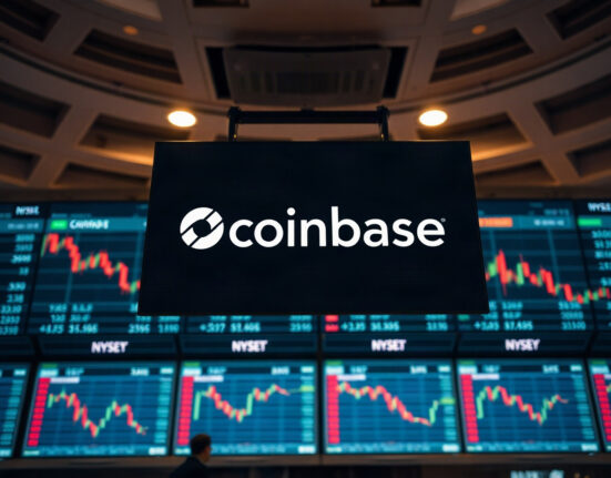 Coinbase logo displayed on a screen at a stock exchange trading floor