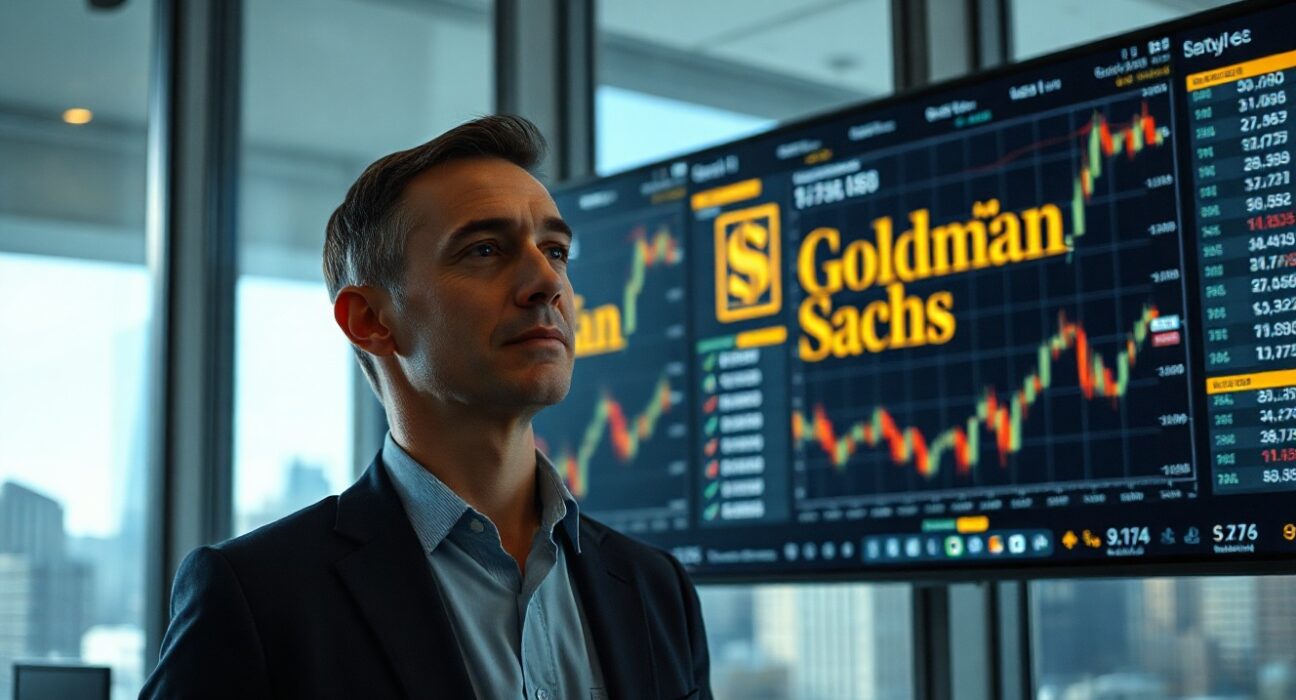 Analyst monitoring forex charts and Goldman Sachs market data on multiple screens in a modern office