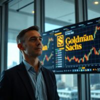 Analyst monitoring forex charts and Goldman Sachs market data on multiple screens in a modern office