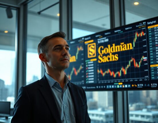 Analyst monitoring forex charts and Goldman Sachs market data on multiple screens in a modern office