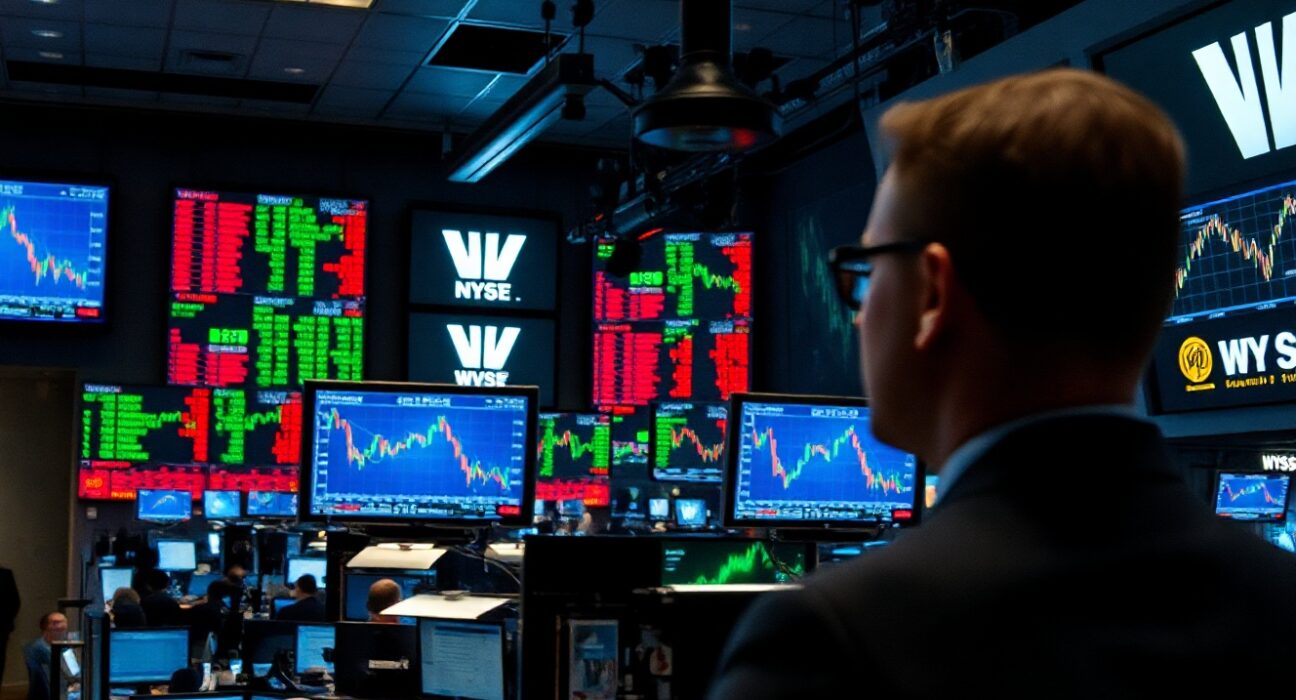 Wall Street trading floor with monitors showing financial charts and market data, representing the equities earnings test and AI investment impact.