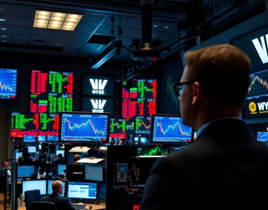 Wall Street trading floor with monitors showing financial charts and market data, representing the equities earnings test and AI investment impact.