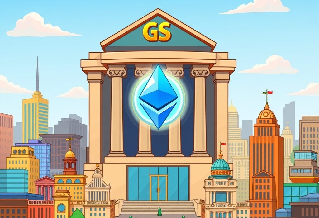 A cartoon bank building representing Goldman Sachs holding a large Ethereum symbol, illustrating significant institutional investment in spot Ethereum ETFs.