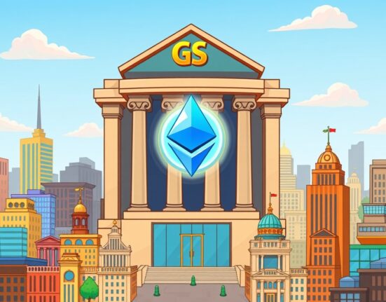 A cartoon bank building representing Goldman Sachs holding a large Ethereum symbol, illustrating significant institutional investment in spot Ethereum ETFs.