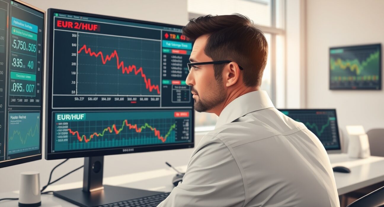 Financial analyst reviewing Goldman Sachs EUR/HUF forecast and Hungarian economic data on multiple screens.