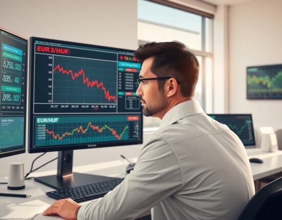Financial analyst reviewing Goldman Sachs EUR/HUF forecast and Hungarian economic data on multiple screens.