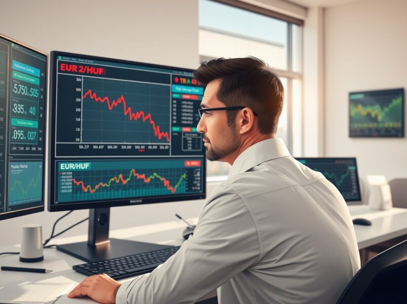 Financial analyst reviewing Goldman Sachs EUR/HUF forecast and Hungarian economic data on multiple screens.