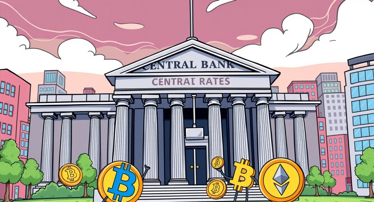 Cartoon illustration of a Federal Reserve interest rate cut impacting cheerful cryptocurrency coins.