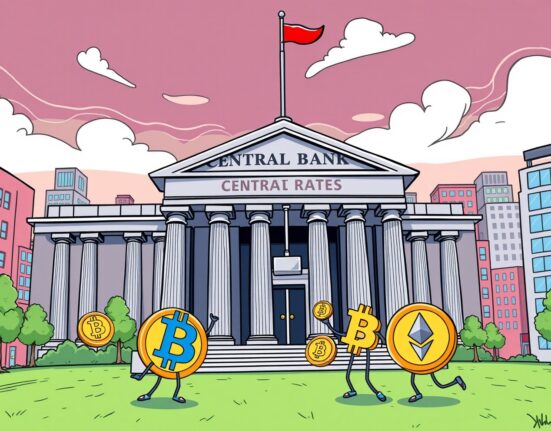 Cartoon illustration of a Federal Reserve interest rate cut impacting cheerful cryptocurrency coins.