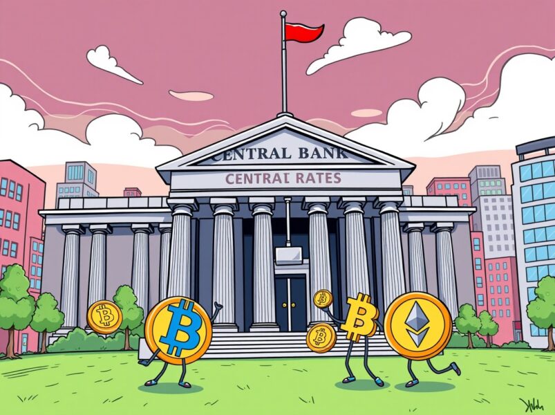 Cartoon illustration of a Federal Reserve interest rate cut impacting cheerful cryptocurrency coins.