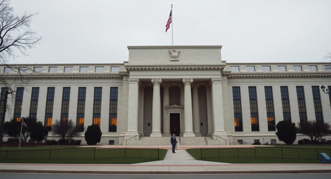 Exterior of the Federal Reserve building in Washington D.C. under overcast sky