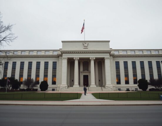 Exterior of the Federal Reserve building in Washington D.C. under overcast sky