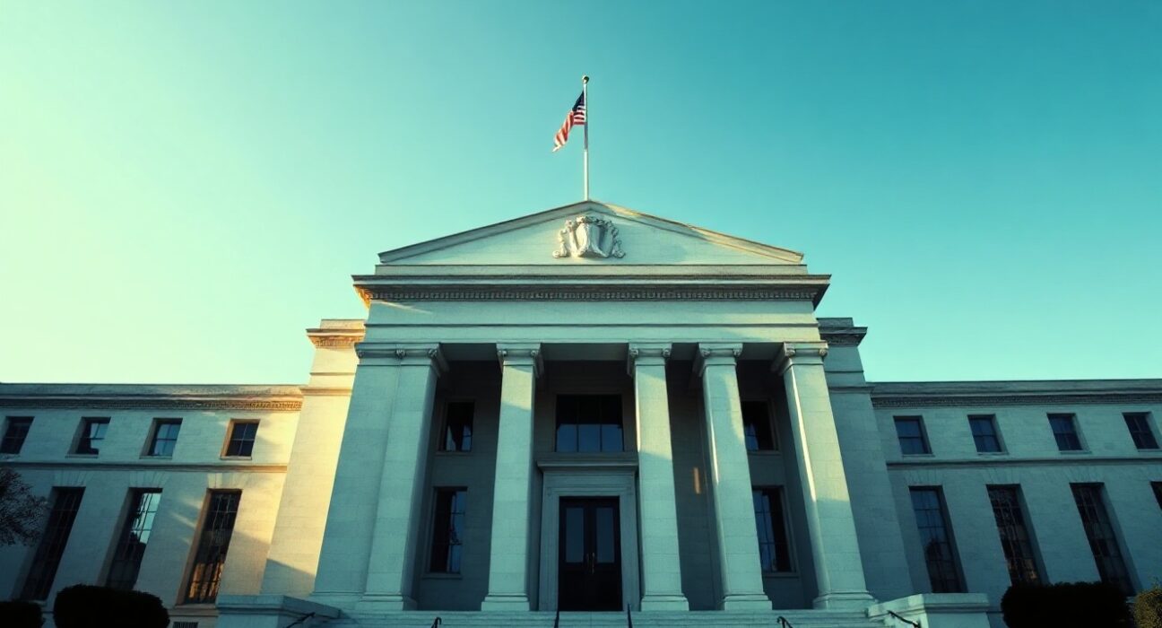 Federal Reserve building in Washington, D.C., with clear sky background