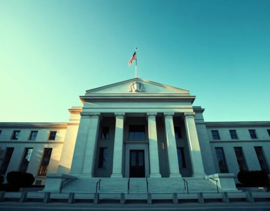 Federal Reserve building in Washington, D.C., with clear sky background