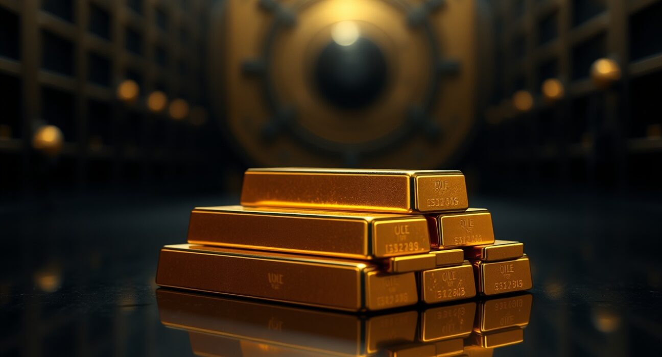 Stack of gold bars with soft lighting, representing precious metals investment and Goldman Sachs bullish forecast.