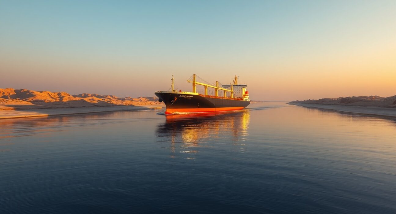 Oil tanker in the Suez Canal representing the shipping dynamics affecting Goldman Sachs crude price forecasts.