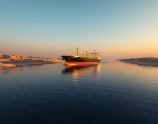 Oil tanker in the Suez Canal representing the shipping dynamics affecting Goldman Sachs crude price forecasts.