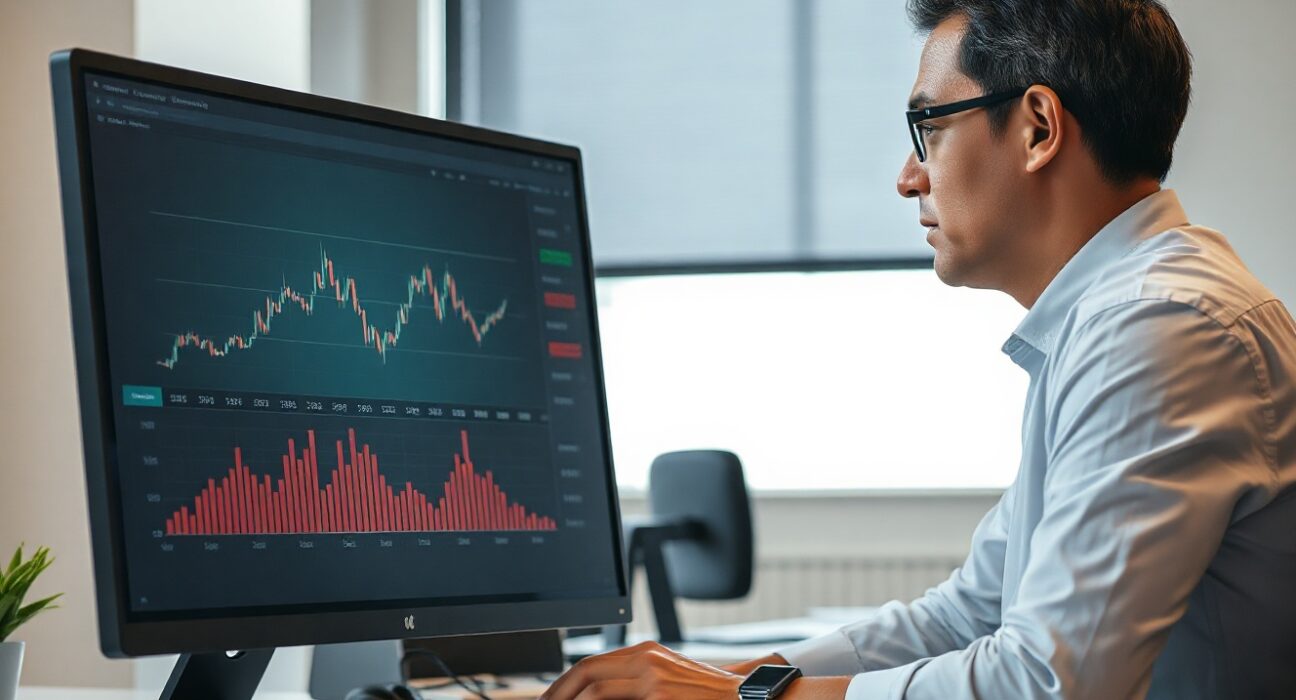 Financial analyst reviewing Bitcoin price chart on a screen in a modern office