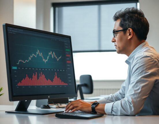 Financial analyst reviewing Bitcoin price chart on a screen in a modern office