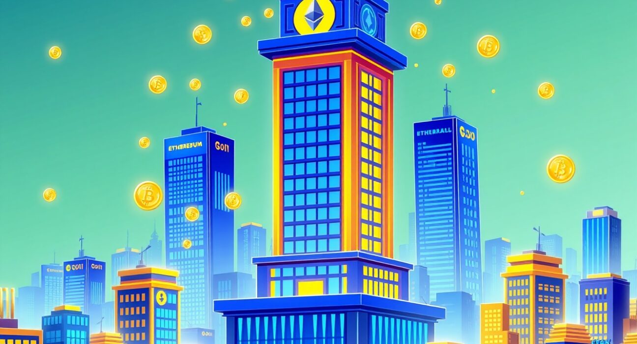 Goldman Sachs spot ETH ETF investment shown as financial institution receiving ethereum coins in vibrant cartoon style