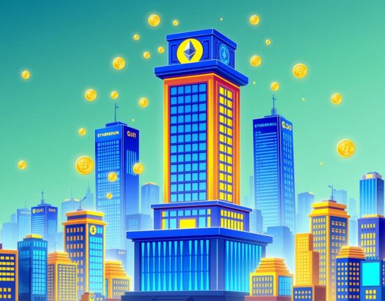 Goldman Sachs spot ETH ETF investment shown as financial institution receiving ethereum coins in vibrant cartoon style