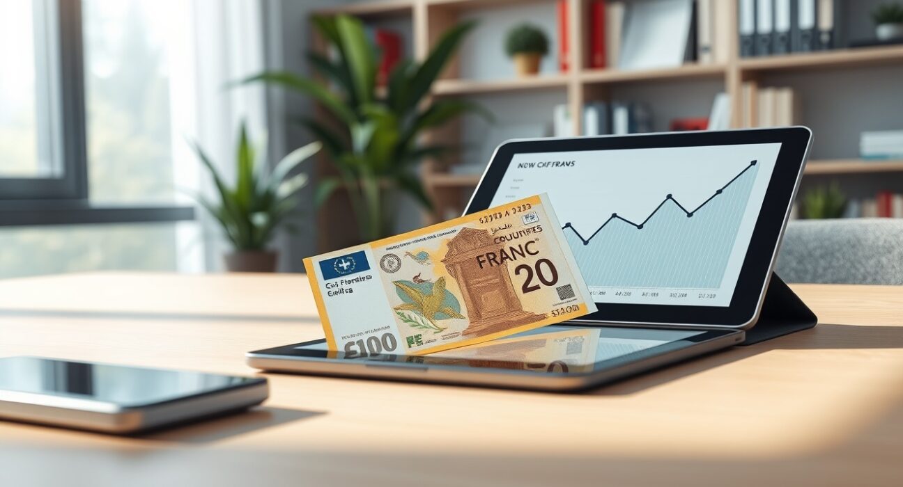 Swiss franc banknotes and financial data tablet illustrating Goldman Sachs forecast for currency rebound.