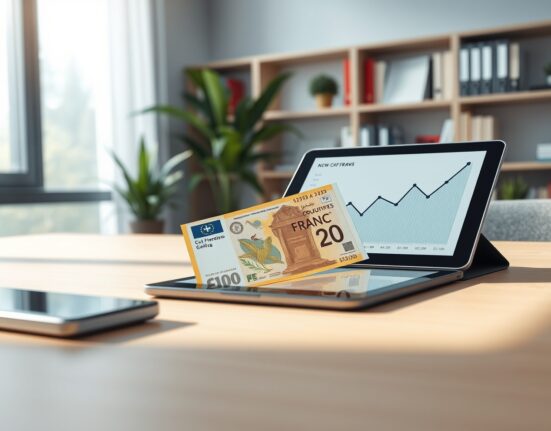 Swiss franc banknotes and financial data tablet illustrating Goldman Sachs forecast for currency rebound.