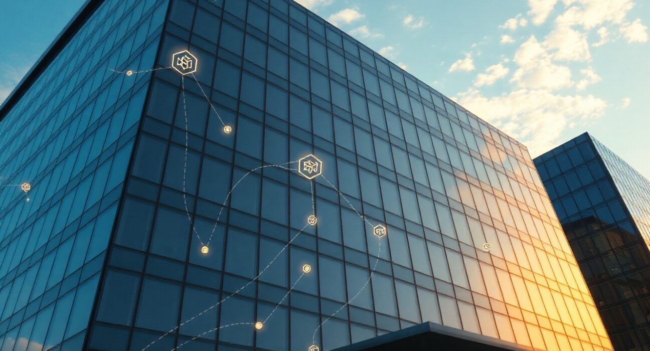 Modern office building with digital blockchain overlay representing tokenized real estate fund