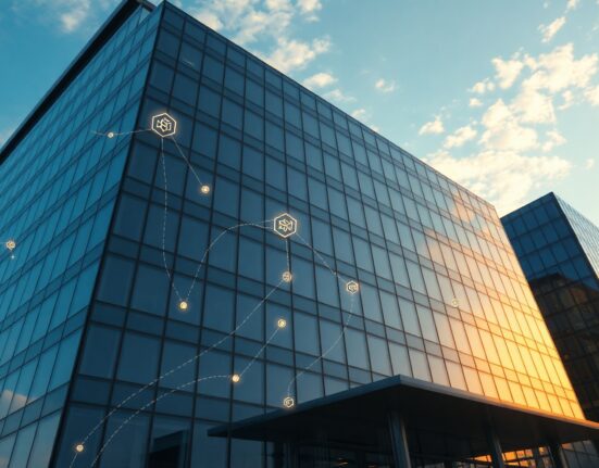 Modern office building with digital blockchain overlay representing tokenized real estate fund
