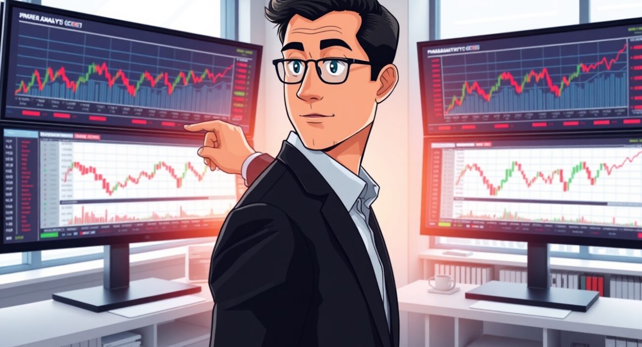 Financial analyst examines stock market charts predicting US stock rebound amid geopolitical tensions