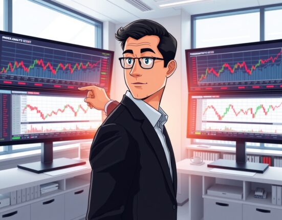 Financial analyst examines stock market charts predicting US stock rebound amid geopolitical tensions