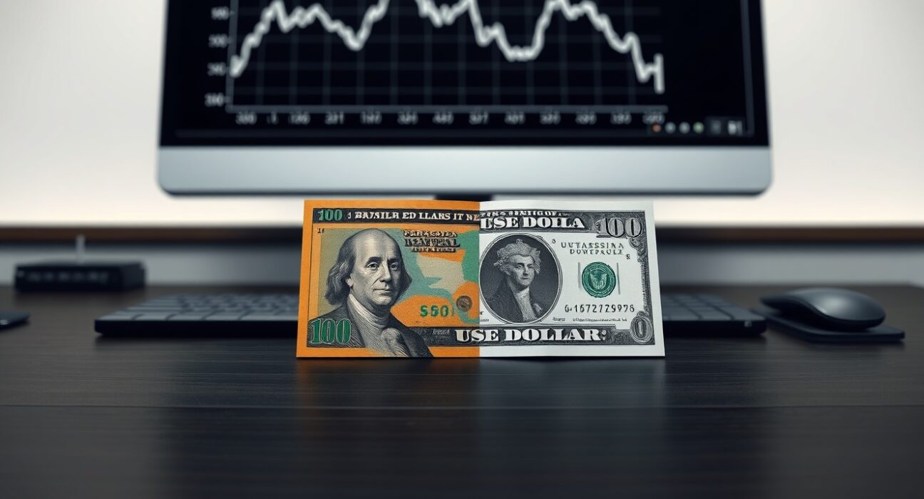 Goldman Sachs lowers USD/BRL forecast due to trade and carry strength, featuring Brazilian real and US dollar banknotes