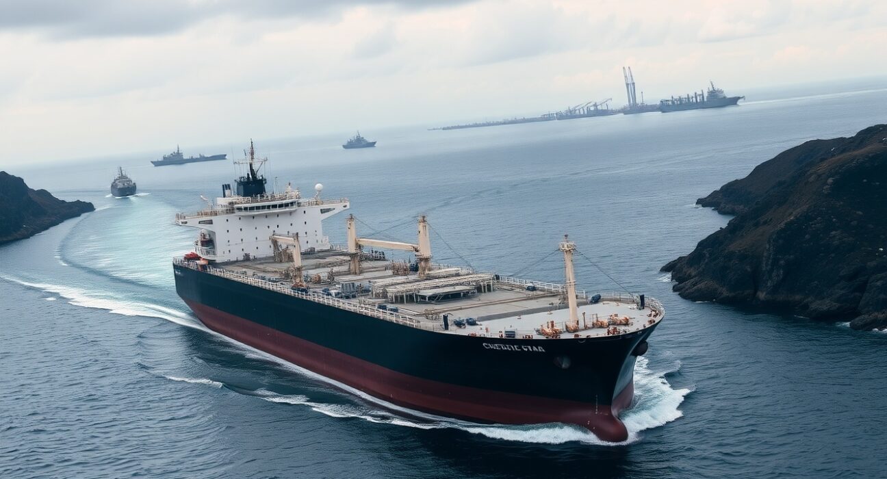 Large oil tanker navigating a narrow maritime strait under overcast skies with patrol vessels nearby, illustrating global oil trade route risks.