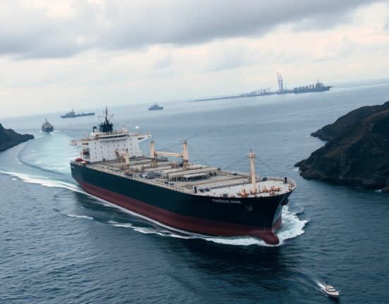 Large oil tanker navigating a narrow maritime strait under overcast skies with patrol vessels nearby, illustrating global oil trade route risks.