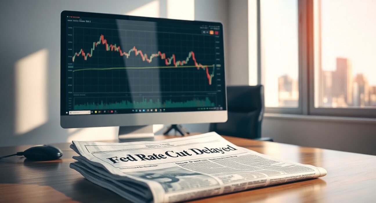 Financial news desk with computer monitor showing stock chart and newspaper headline about delayed Fed rate cut