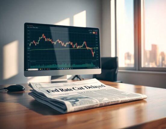 Financial news desk with computer monitor showing stock chart and newspaper headline about delayed Fed rate cut