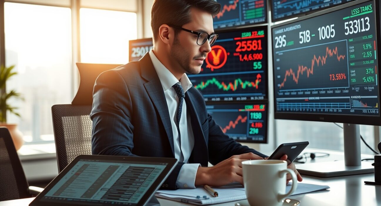 Financial analyst monitoring yuan exchange rate charts and data on multiple screens