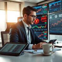 Financial analyst monitoring yuan exchange rate charts and data on multiple screens