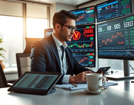 Financial analyst monitoring yuan exchange rate charts and data on multiple screens