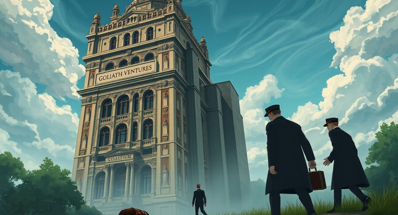 Illustration of the Goliath Ventures Ponzi scheme collapse and CEO arrest for $328 million fraud.