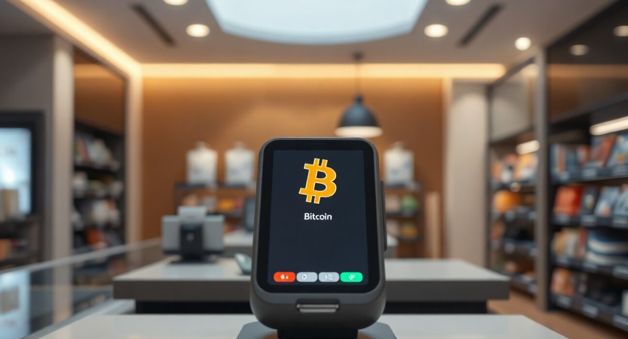 A Bitcoin payment terminal on a modern retail counter.