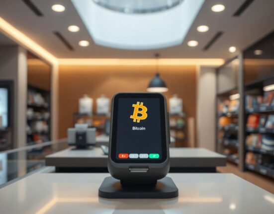 A Bitcoin payment terminal on a modern retail counter.