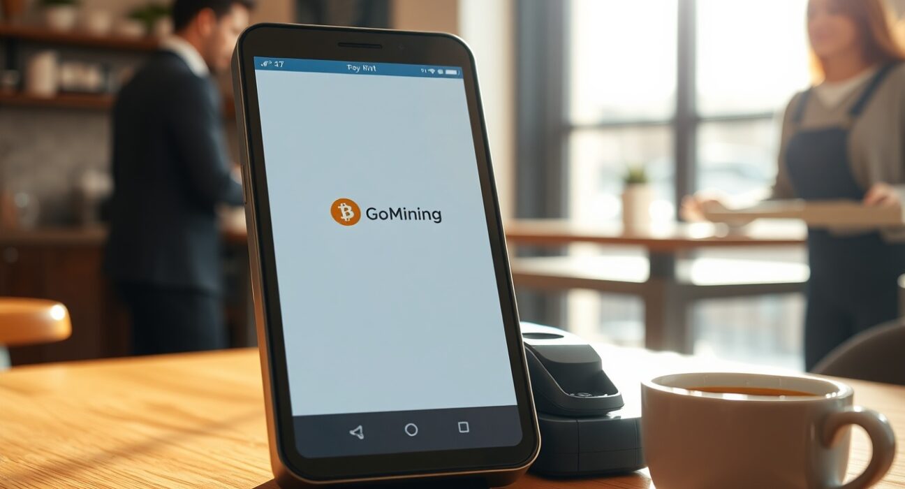 Smartphone displaying a Bitcoin payment confirmation via GoMining's GoBTC Pay protocol in a coffee shop setting