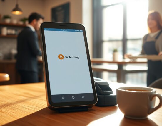 Smartphone displaying a Bitcoin payment confirmation via GoMining's GoBTC Pay protocol in a coffee shop setting